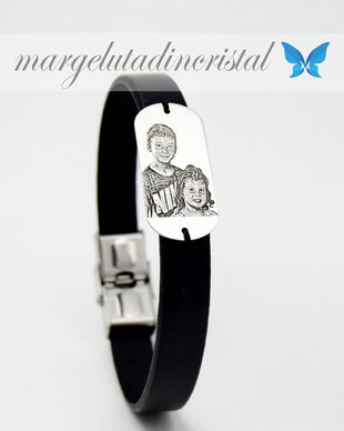 Bratara Personalizata / Piele Naturala/ Portret / Placuta ovala / Argint 925