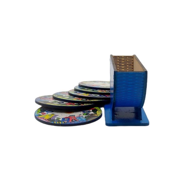Set 6 suporti rotunzi de pahare de 9 cm si cutie de depozitare, albastru, orasel de poveste 2 (2961)