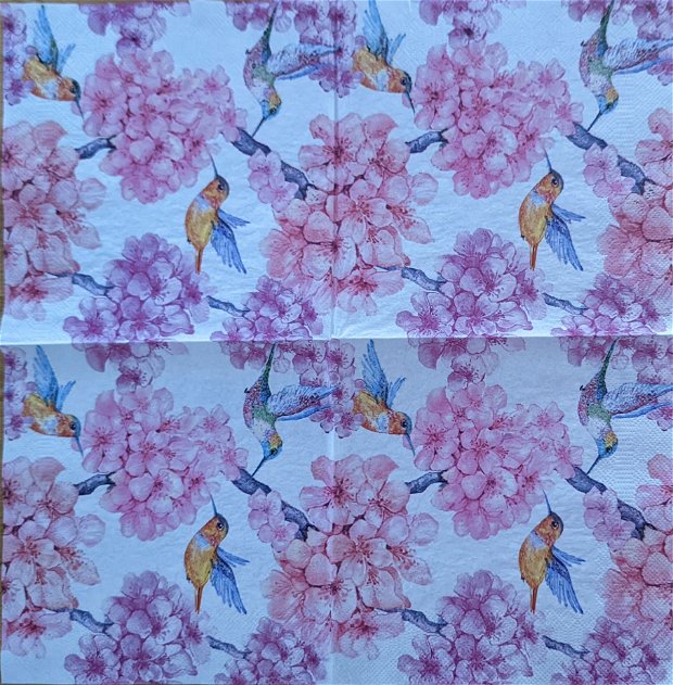 Servetel flori de cires si colibri