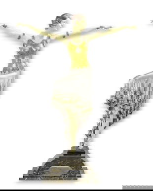 Dansatoare Art Deco - statueta din bronz vopsita pe soclu din marmura