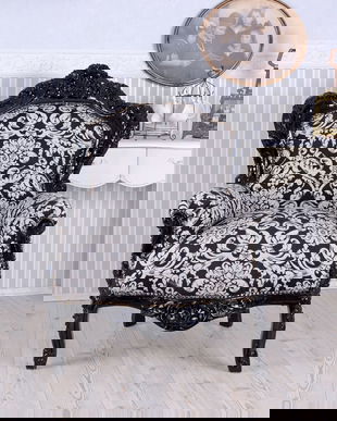 Fotoliu baroc din lemn masiv negru cu tapiterie alb cu negru