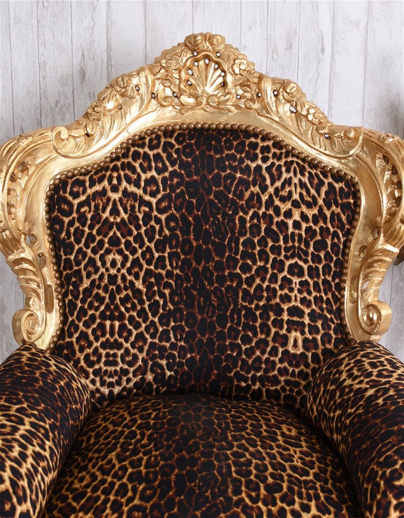 Fotoliu baroc din lemn masiv auriu cu tapiterie leopard