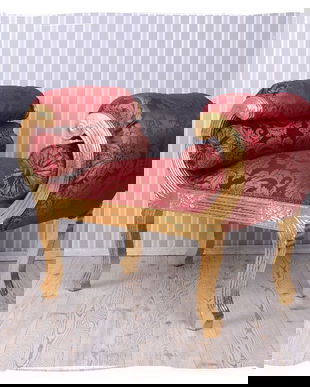 Banca baroc din lemn masiv auriu cu tapiterie rosie