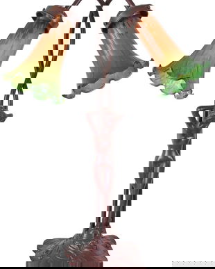 Lampa Art Deco din metal cu o femeie si abajururi lalea