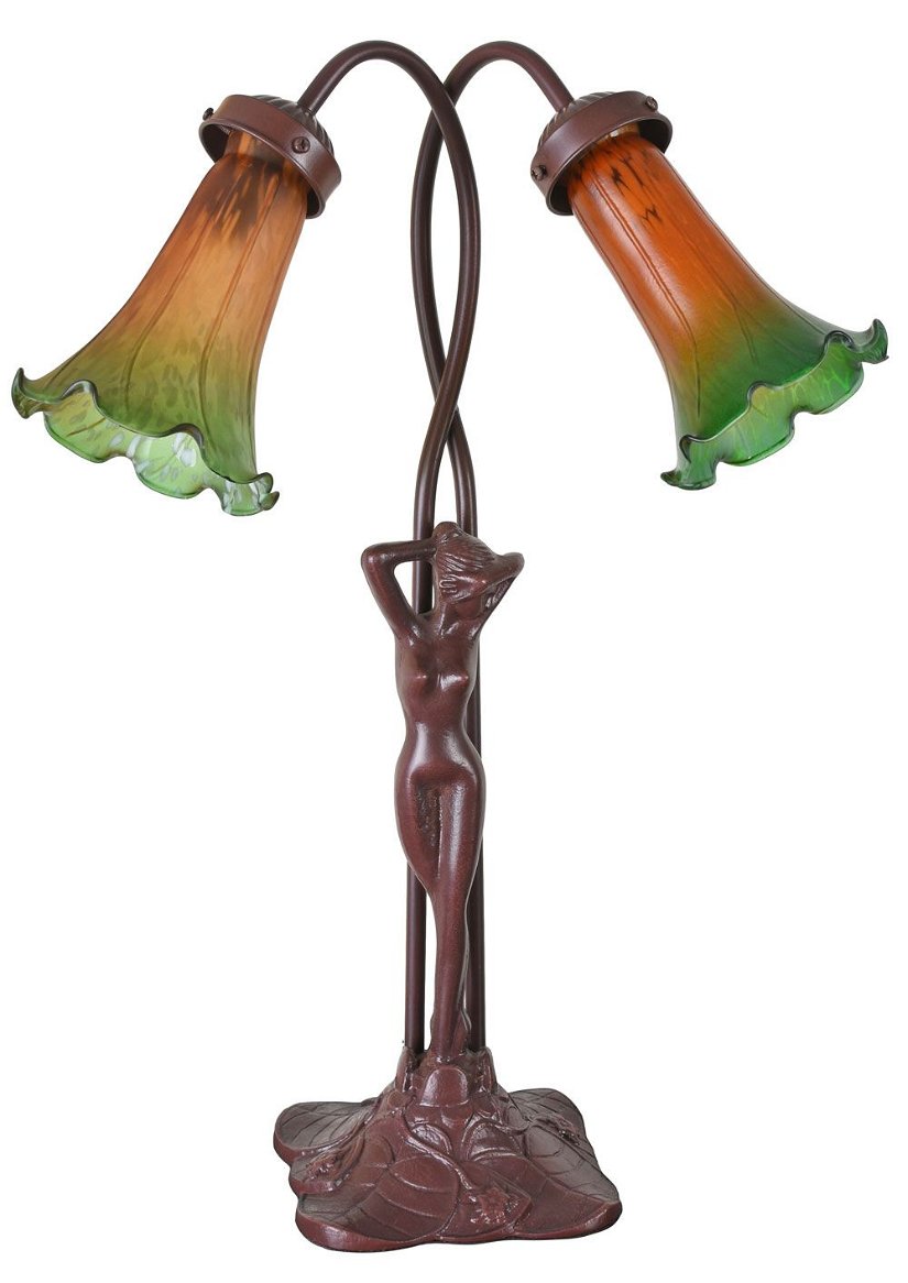 Lampa Art Deco din metal cu o femeie si abajururi lalea