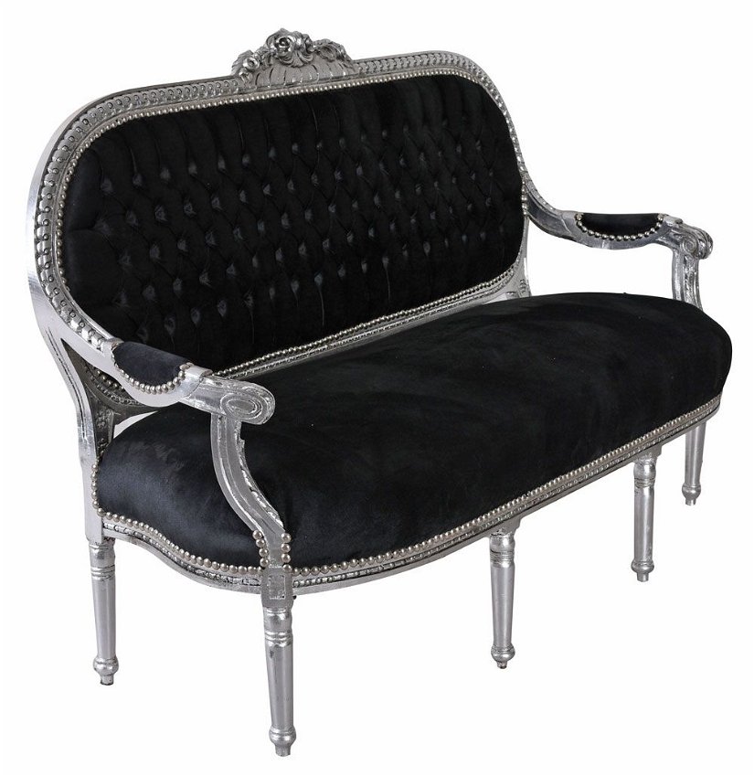 Sofa Madame Pompadour din lemn masiv argintiu cu tapiterie neagra