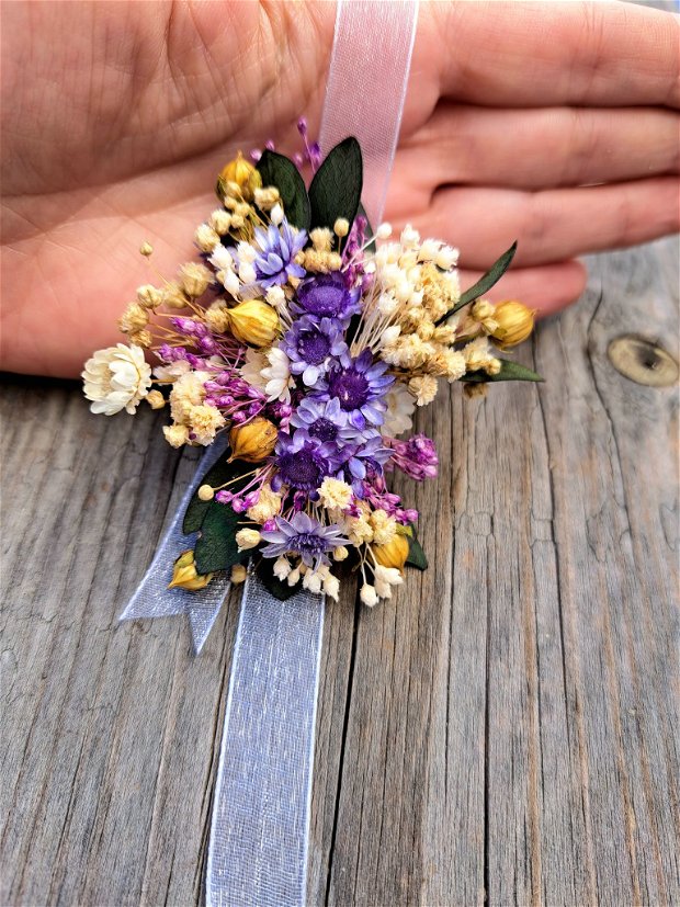 Brățări/Corsaje nuntă-flori naturale uscate, Mov Lila