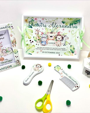 Set aniversar personalizat 1 anisor - Prietenii Junglei - Tavita mot si accesorii