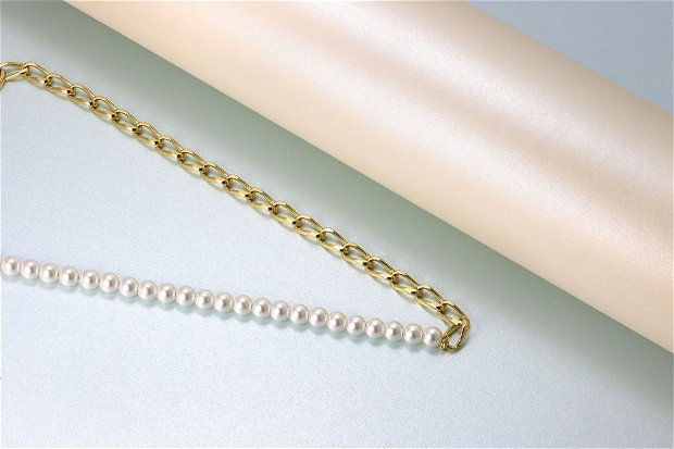 Colier perle mother of pearl si lant chunky placat cu aur de 14K