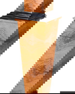 Postament Art Deco din lemn masiv furniruit cu blat din marmura bej