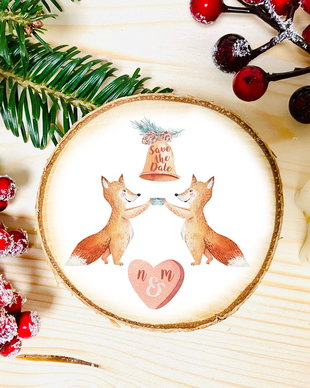Ornament Craciun personalizat pe felie lemn - "Save the Date" - Christmas in The Forest