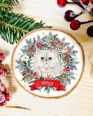 Ornament Craciun personalizat pe felie lemn - Primul Craciun al pisicutei mele