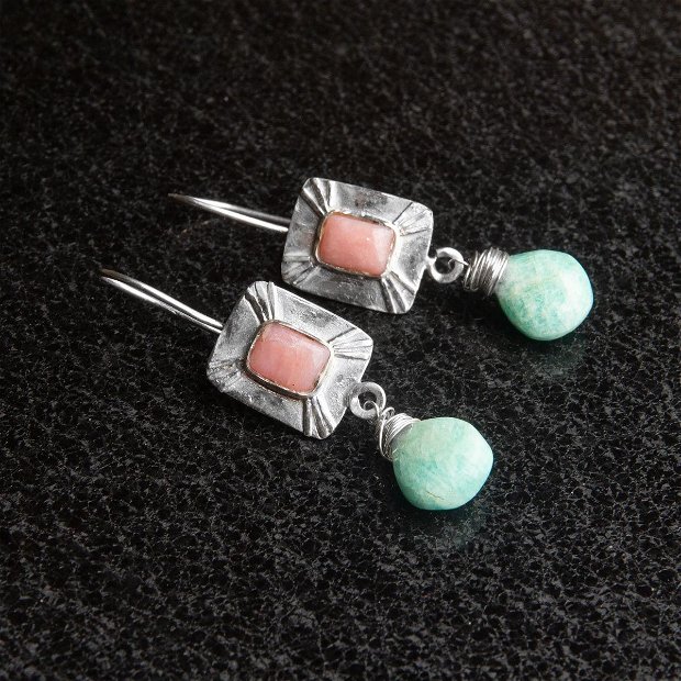 Cercei Argint 925, Opal roz si Amazonit
