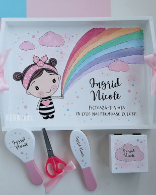 Tava turta fetita curcubeu pictata manual personalizata cu nume