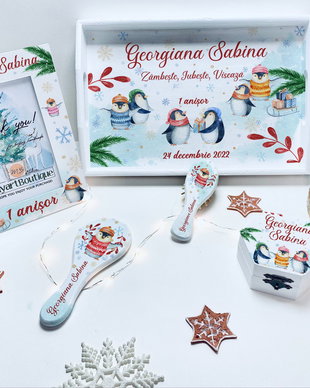 Set aniversar personalizat 1 anisor de Craciun - Pinguini