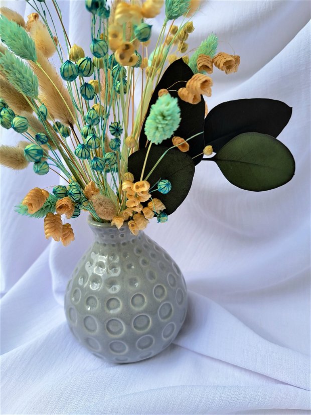 Aranjament floral în vază sticlă, Bej Turquoise