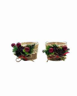Set doua lumanari in pahare decorate manual pentru Craciun cu iuta si dantela crem, 7 x 5.5 cm (3042)