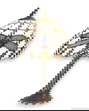 Lampa de masa Tiffany cu abajur alb cu libelule