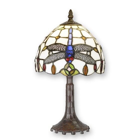 Lampa de masa Tiffany cu abajur alb cu libelule