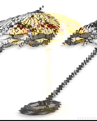 Lampa de masa Tiffany cu abajur bej si libelule argintii