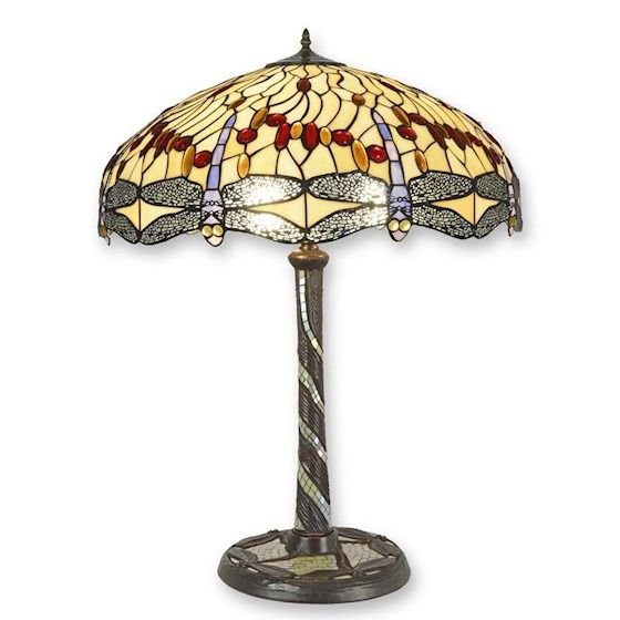 Lampa de masa Tiffany cu abajur bej si libelule argintii