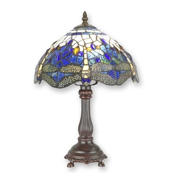 Lampa de masa Tiffany cu abajur albastru cu libelule