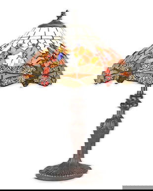 Lampa de masa Tiffany cu abajur portocaliu cu libelule