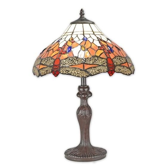 Lampa de masa Tiffany cu abajur portocaliu cu libelule