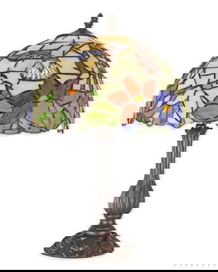 Lampa de masa Tiffany cu abajur cu flori stilizate