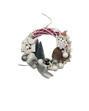 Coronita decorativa handmade pe baza de ratan, bufnita si pasare, alb roz, 20 cm (3038)