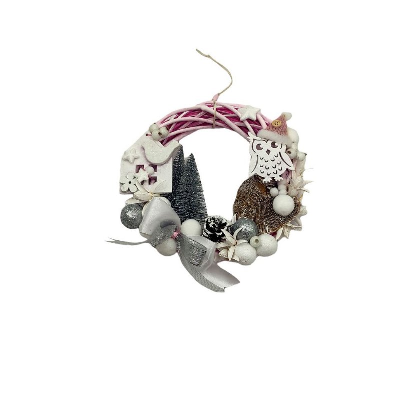 Coronita decorativa handmade pe baza de ratan, bufnita si pasare, alb roz, 20 cm