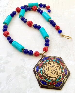 Colier Nepalez turcoaz, cinabru rosu & lapis lazuli