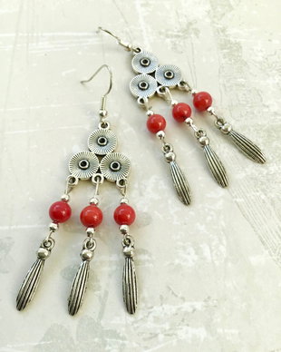 cercei boho zamac argintat & coral rosu