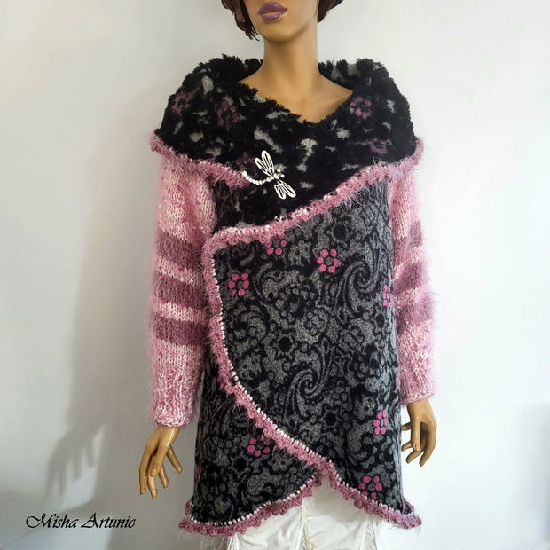 Cardigan gros cu maneci tricotate si floricele impaslite