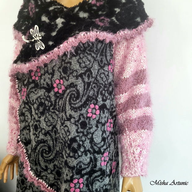 Cardigan gros cu maneci tricotate si floricele impaslite