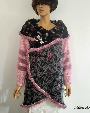 Cardigan gros cu maneci tricotate si floricele impaslite