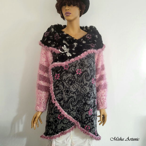 Cardigan gros cu maneci tricotate si floricele impaslite