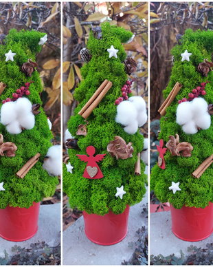 Aranjament Craciun, Brad decorativ din licheni naturali si accesorii, H36 cm