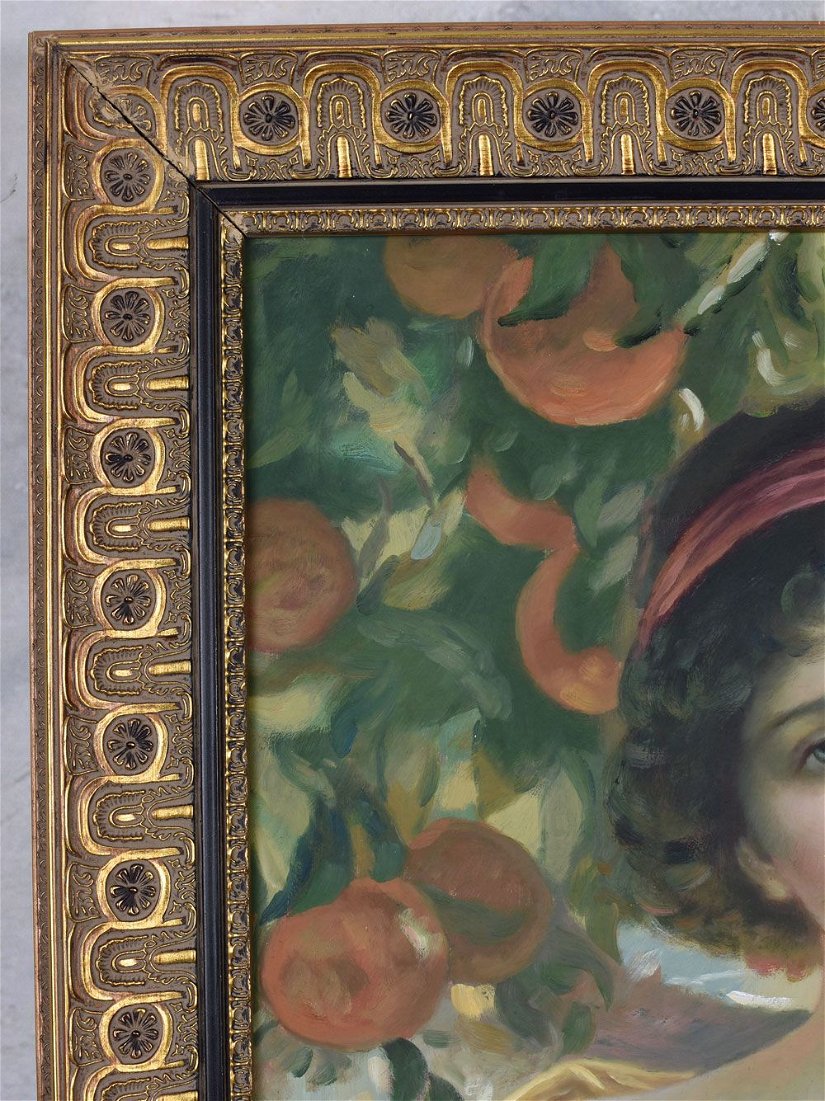 Tablou cu o fata cu trandafir - ulei pe panza cu o rama Art Nouveau