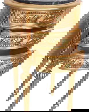 Comoda rotunda din lemn masiv auriu cu blat din marmura neagra