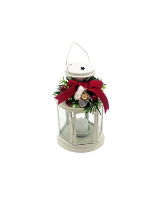 Felinar metal alb decorat manual de craciun, 12 x 20 cm, cu candela cu led (3068)