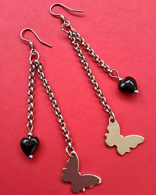 Cercei onix negru & fluturi inox
