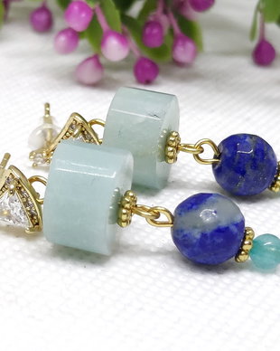 Cercei surub clopot zirconia cu amazonit ,lapis lazili si jad