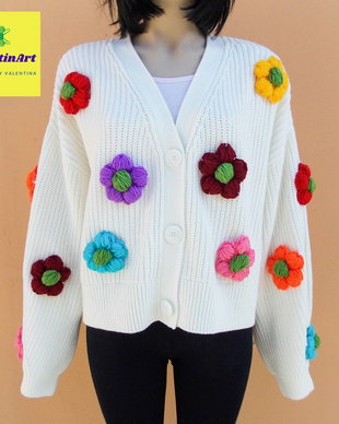 Pulover/cardigan cu flori mari 3D multicolore/ Jacheta alba reinterpretata inflorata