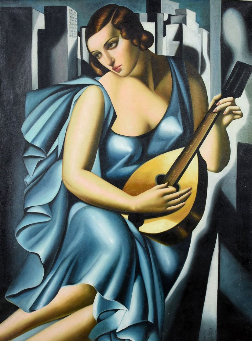 Doamna in bleu - pictura Art Deco ulei pe panza