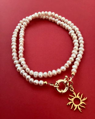 Colier CHOKER perle de cultura albe & soare stilizat