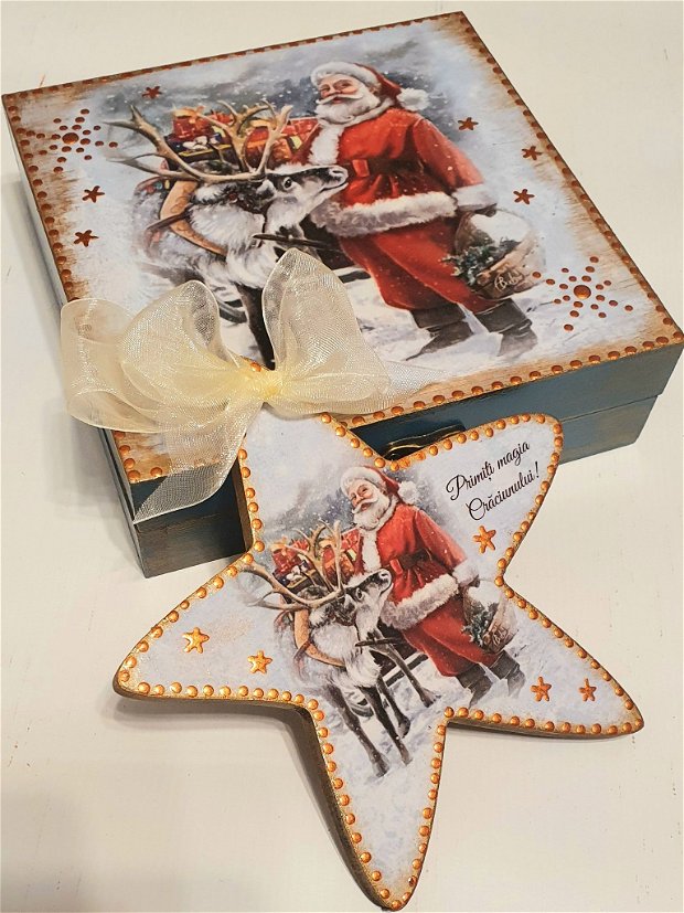 Set cadou Craciun, format din cutie din lemn (16×16 cm)si stea, 14 cm