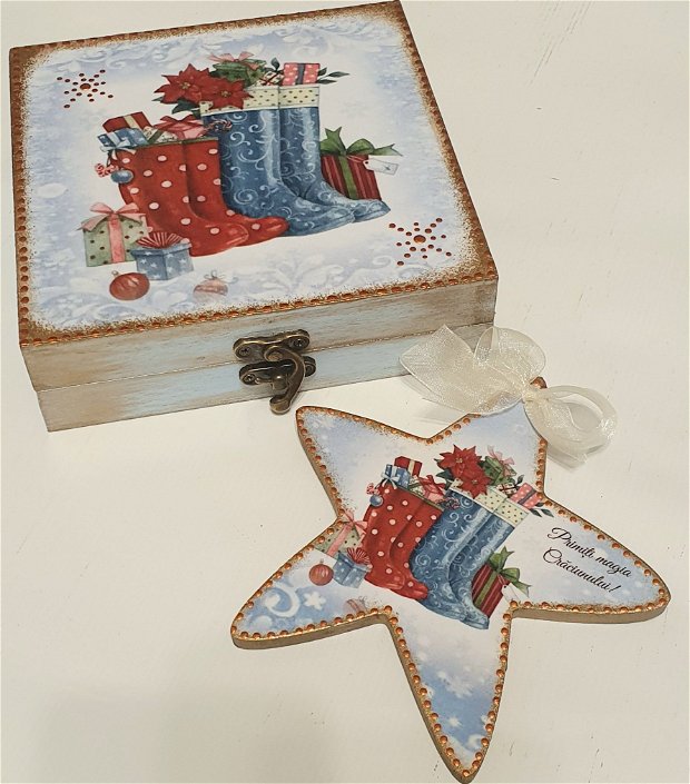 Set cadou Craciun, format din cutie si stea din lemn, decorate manual