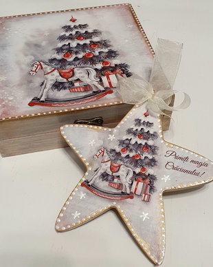 Set cadou Craciun, format din cutie si stea din lemn, decorate manual