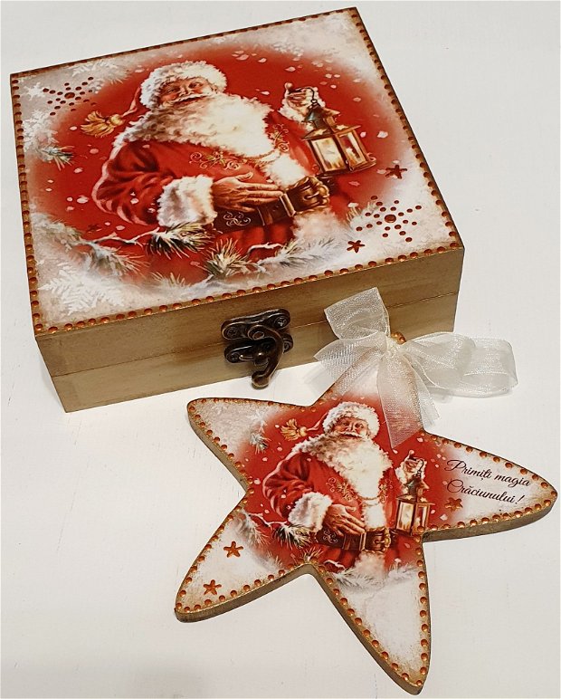Set cadou Craciun, format din cutie si stea din lemn, decorate manual